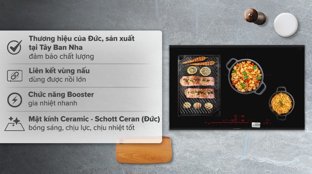 Bếp từ 4 vùng nấu lắp âm Bosch PXE875DC1E trang bị tính năng hẹn giờ giúp người dùng thiết lập và điều chỉnh thời gian nấu ăn, không cần phải canh chừng liên tục