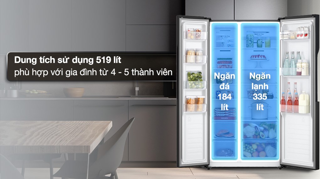 Tủ lạnh LG Inverter 519 lít Side By Side GR-B256BL thiết kế dạng tủ lạnh side by side 2 cửa mở rộng đẳng cấp, giúp tối ưu hóa không gian lưu trữ thực phẩm