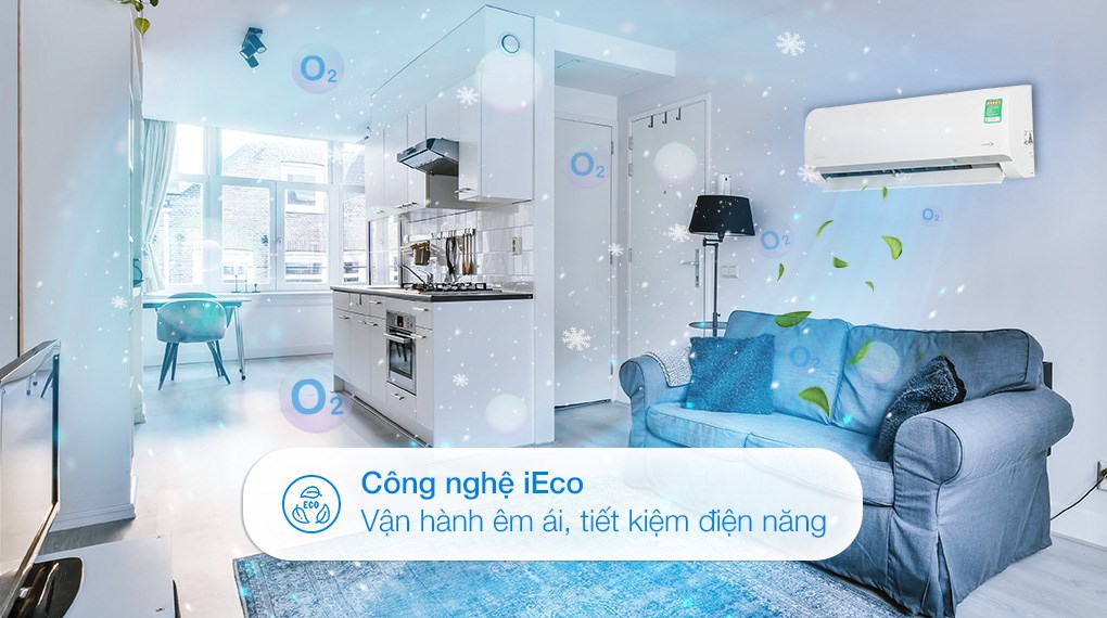 Máy lạnh Midea Inverter 1 HP màu trắng, biểu tượng tiết kiệm điện năng