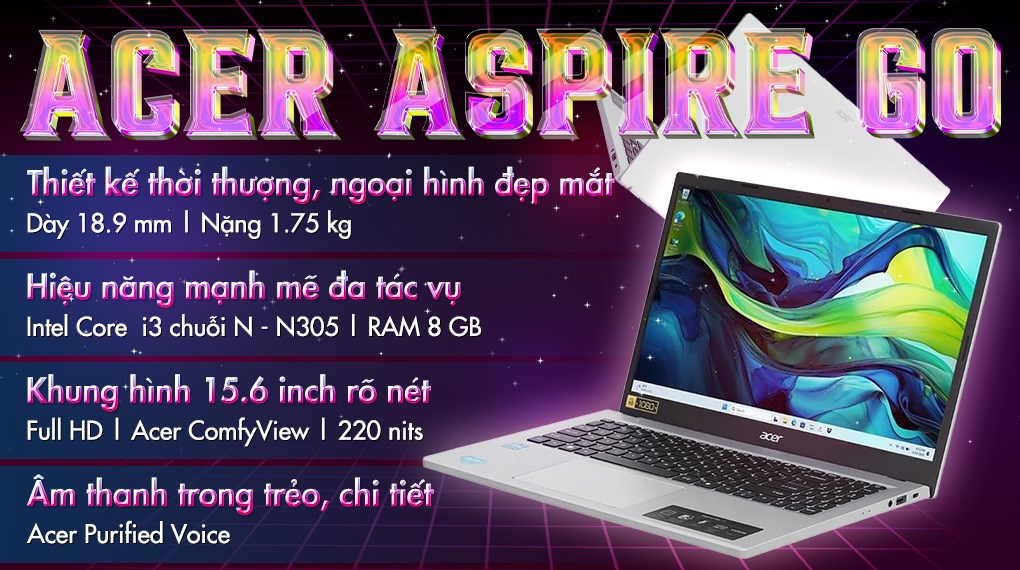 Acer Aspire Go AG15 31P 30M4 i3 N305 (NX.KRPSV.004) có ngoại hình gọn nhẹ, sang trọng và cấu hình mạnh mẽ đáp ứng được hầu hết các nhu cầu