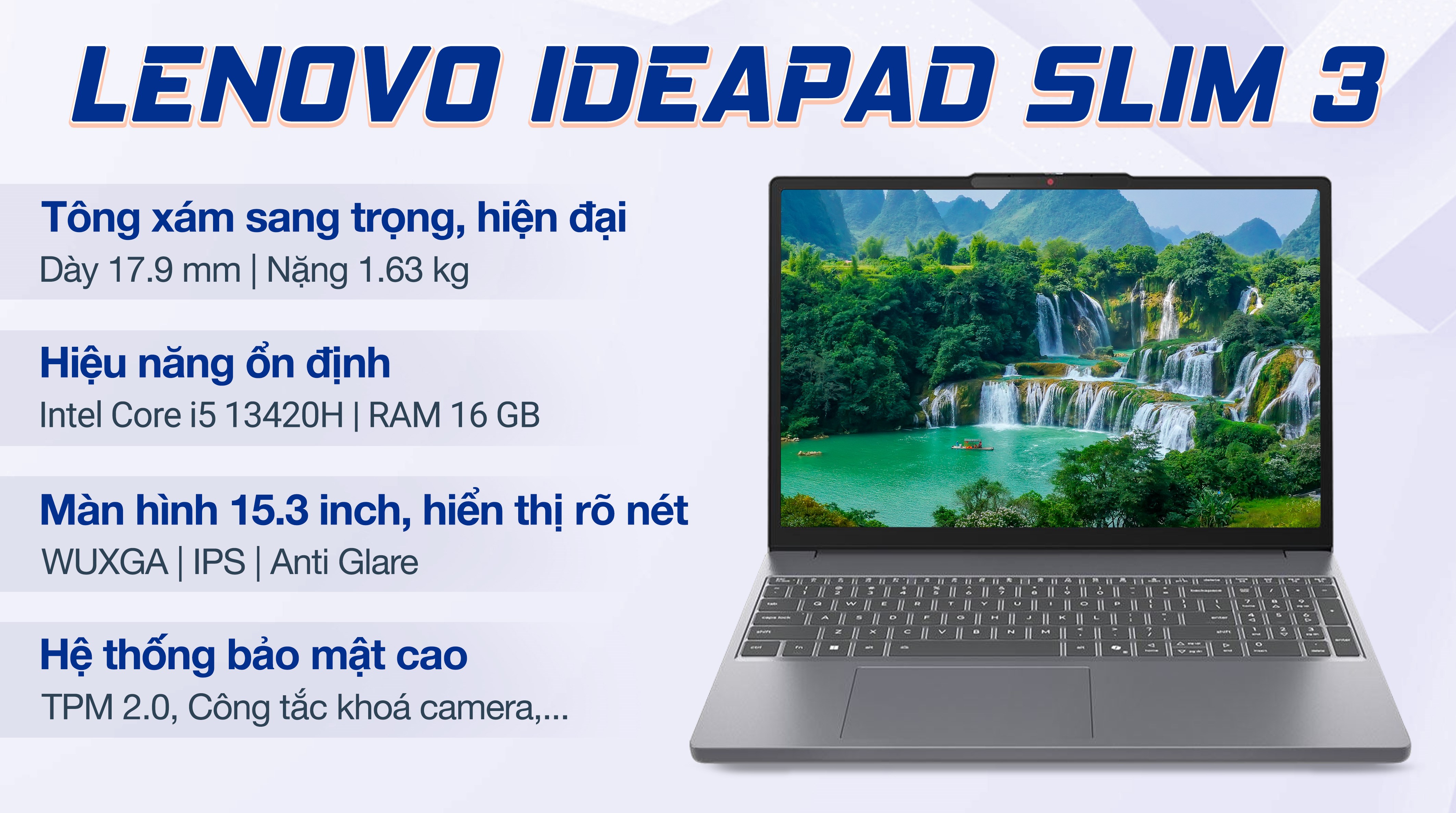 Laptop Lenovo IdeaPad Slim 3 15IRH10 - 83K1000HVN thiết kế hiện đại, hiệu năng mạnh mẽ cho học sinh - sinh viên - dân văn phòng