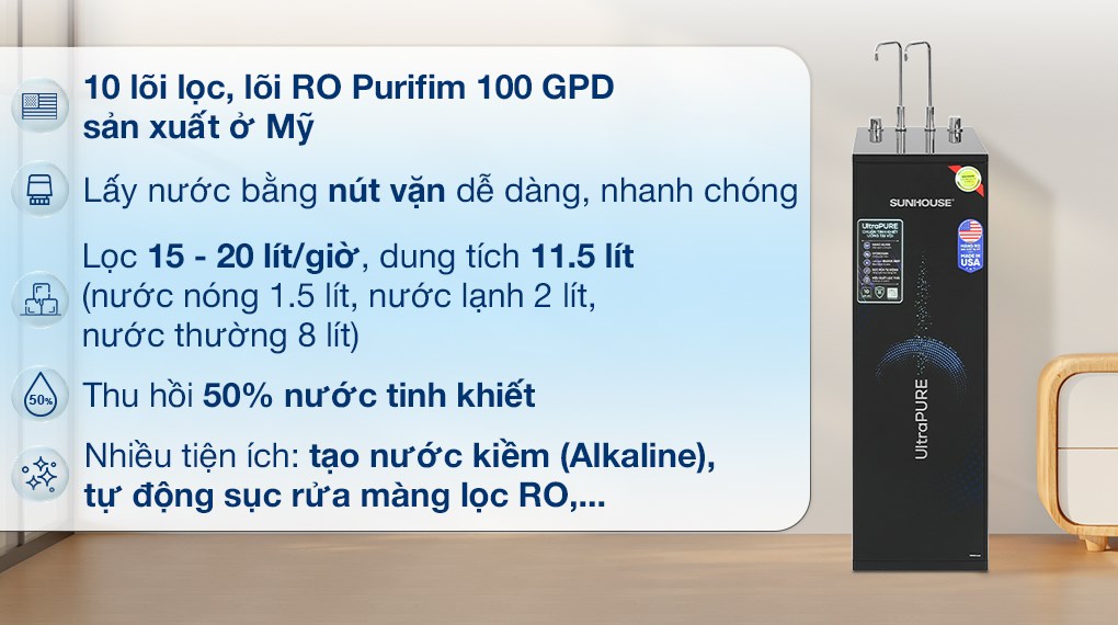 Máy lọc nước Sunhouse UltraPURE SHA76622KL thuộc thương hiệu uy tín, bảo hành 3 năm tại Điện máy XANH