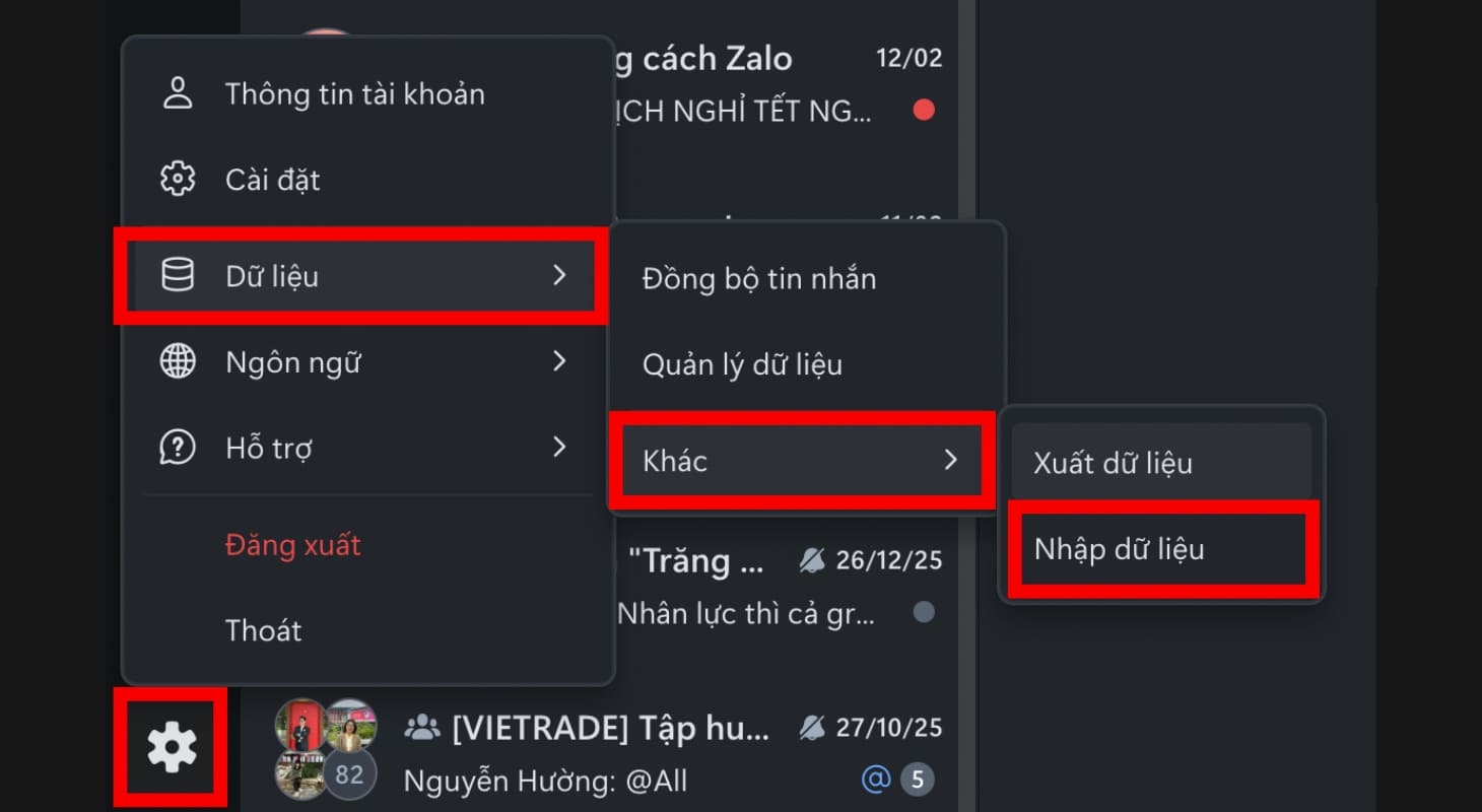 Chọn nhập dữ liệu để khôi phục tin nhắn Zalo trên máy tính