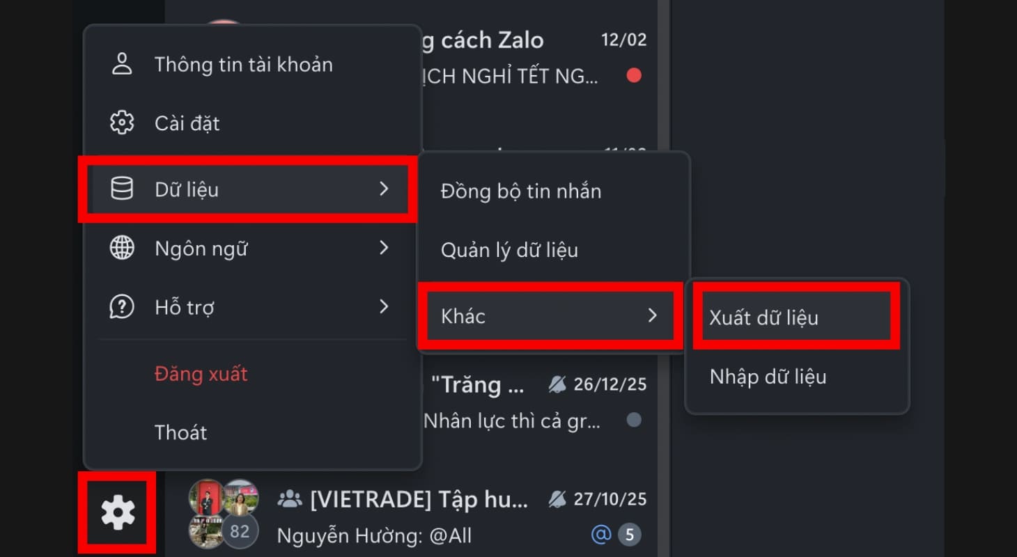 Chọn xuất dữ liệu trên máy tính để sao lưu tin nhắn Zalo