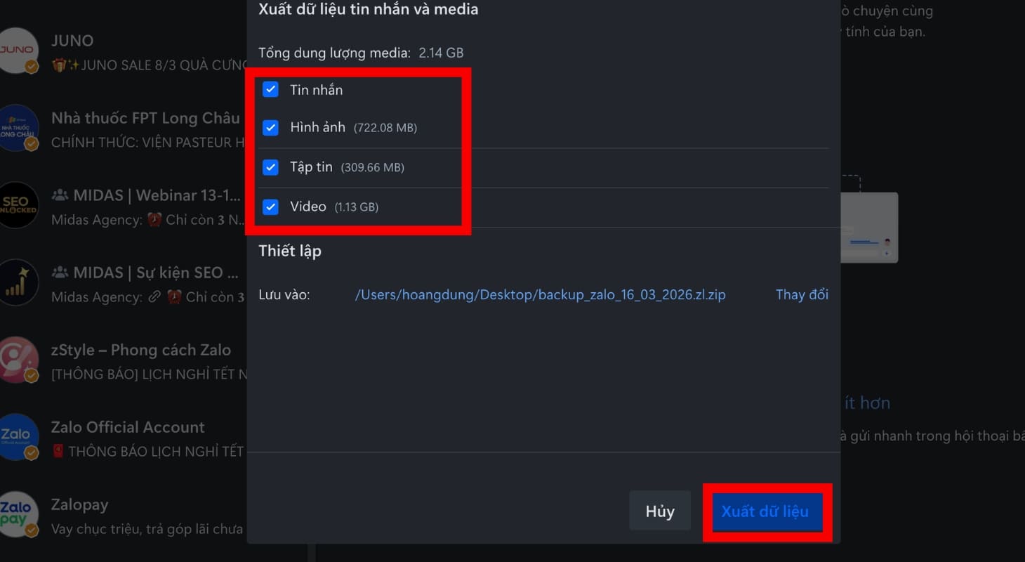 Chọn vùng dữ liệu Zalo bạn muốn sao lưu trên máy tính
