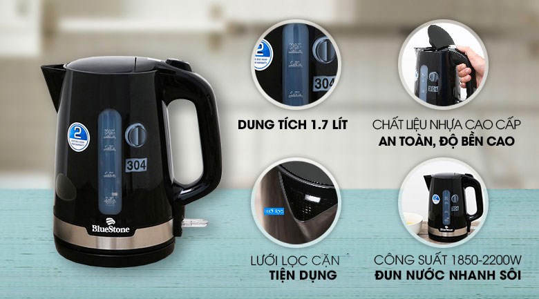 Bình đun siêu tốc BlueStone 1.7 lít KTB-3417 có vỏ ngoài bằng nhựa, đảm bảo an toàn cho người sử dụng