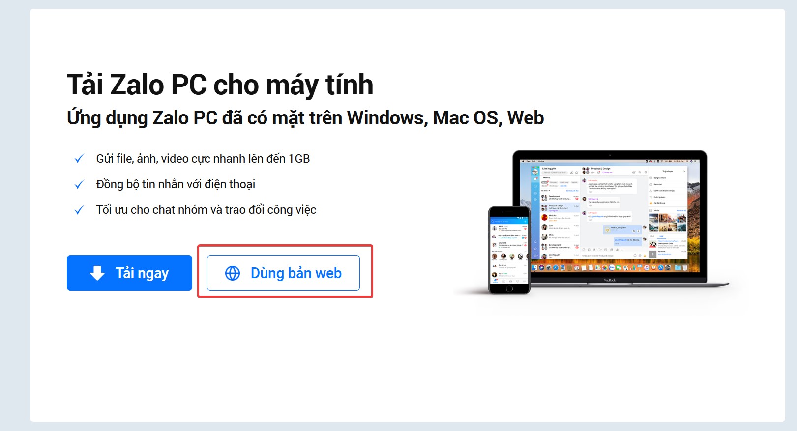 Bạn vào trình duyệt và truy cập trang chủ của Zalo Web tại đây  Chọn 