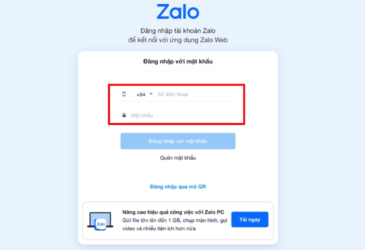 Điền tên đăng nhập (số điện thoại) và mật khẩu Zalo.