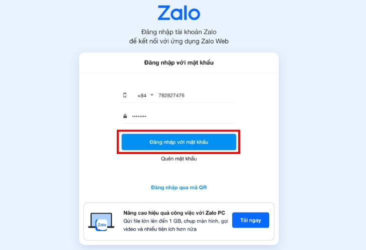 Xác nhận đăng nhập Zalo Web bằng mật khẩu