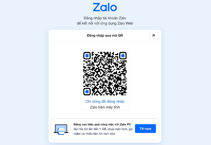 Màn hình hiển thị mã QR để đăng nhập Zalo Web