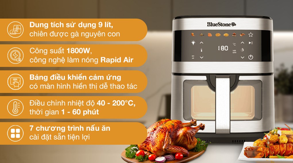 Nồi chiên không dầu BlueStone 9 lít AFB-5886 có lòng nồi chiên phủ chống dính bền