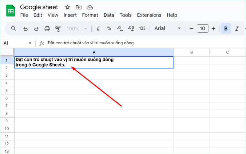 Nội dung đã được xuống dòng trong ô Google Sheets