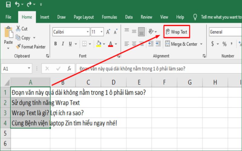 Nhấp chọn Wrap Text trong tab Home để văn bản tự động xuống dòng