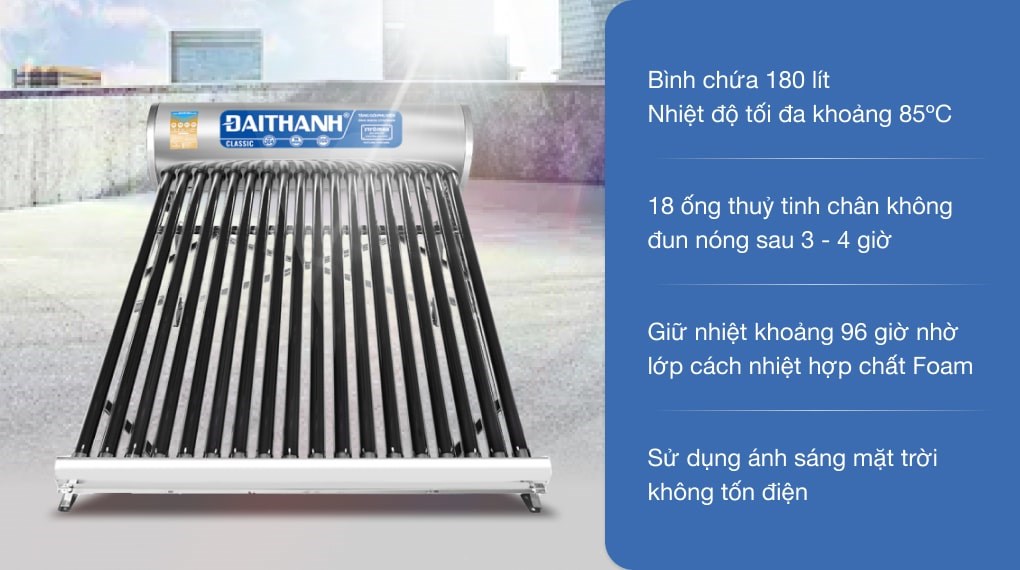 Máy nước nóng năng lượng mặt trời Đại Thành 180 lít Classic 58-18 có thời gian giữ nóng nước trong 96 tiếng nhờ trang bị hợp chất foam