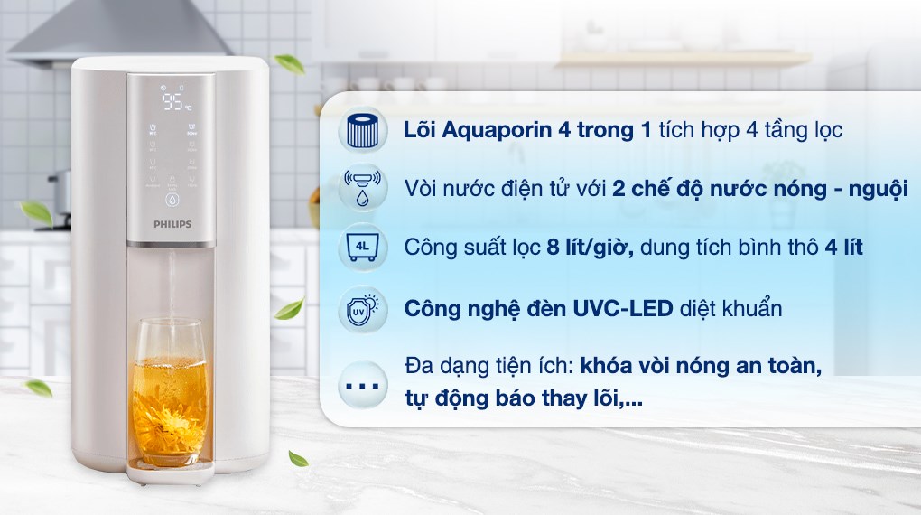 Máy lọc nước RO nóng nguội Philips ADD6901HWH01/74 có lõi lọc RO Aquaporin 50 GPD 4 trong 1 với 4 tầng lọc loại bỏ đến 99.99% vi khuẩn và tạp chất
