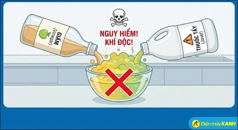 Việc trộn giấm (axit) với thuốc tẩy chứa natri hypoclorit (Javel) sẽ tạo ra khí clo - một loại khí rất độc