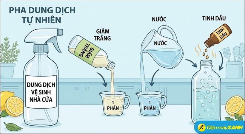 Bạn có thể pha dung dịch theo tỷ lệ: 1 phần giấm trắng, 1 phần nước, và vài giọt tinh dầu