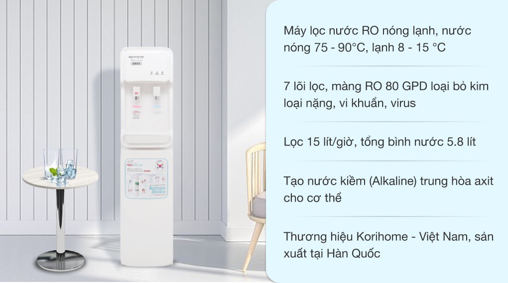 Máy lọc nước RO nóng lạnh Korihome WPK-903 7 lõi sở hữu kiểu dáng sang trọng, hiện đại
