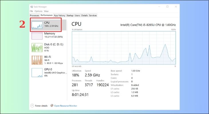 Phần bấm ô CPU để xem tên CPU và xung nhịp tối đa ở phần Base Speed