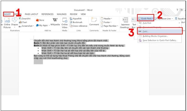 Chọn Insert trên thanh công cụ. Sau đó nhấn vào nút Quick Parts và chọn mục Field...