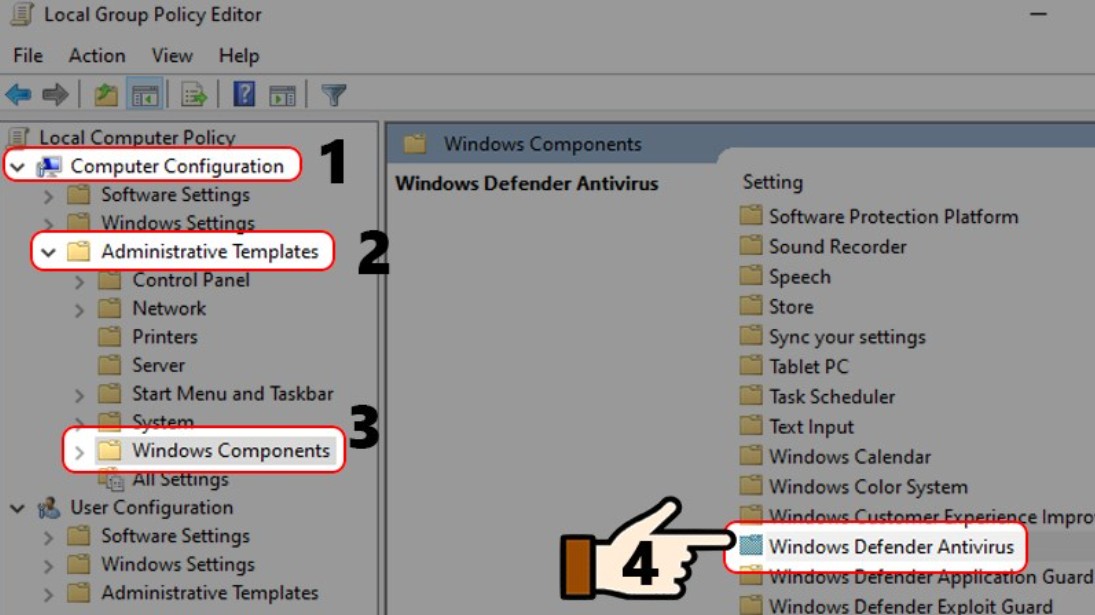 Chọn Computer Configuration > Administrative Templates > Windows Components > Microsoft Defender Antivirus