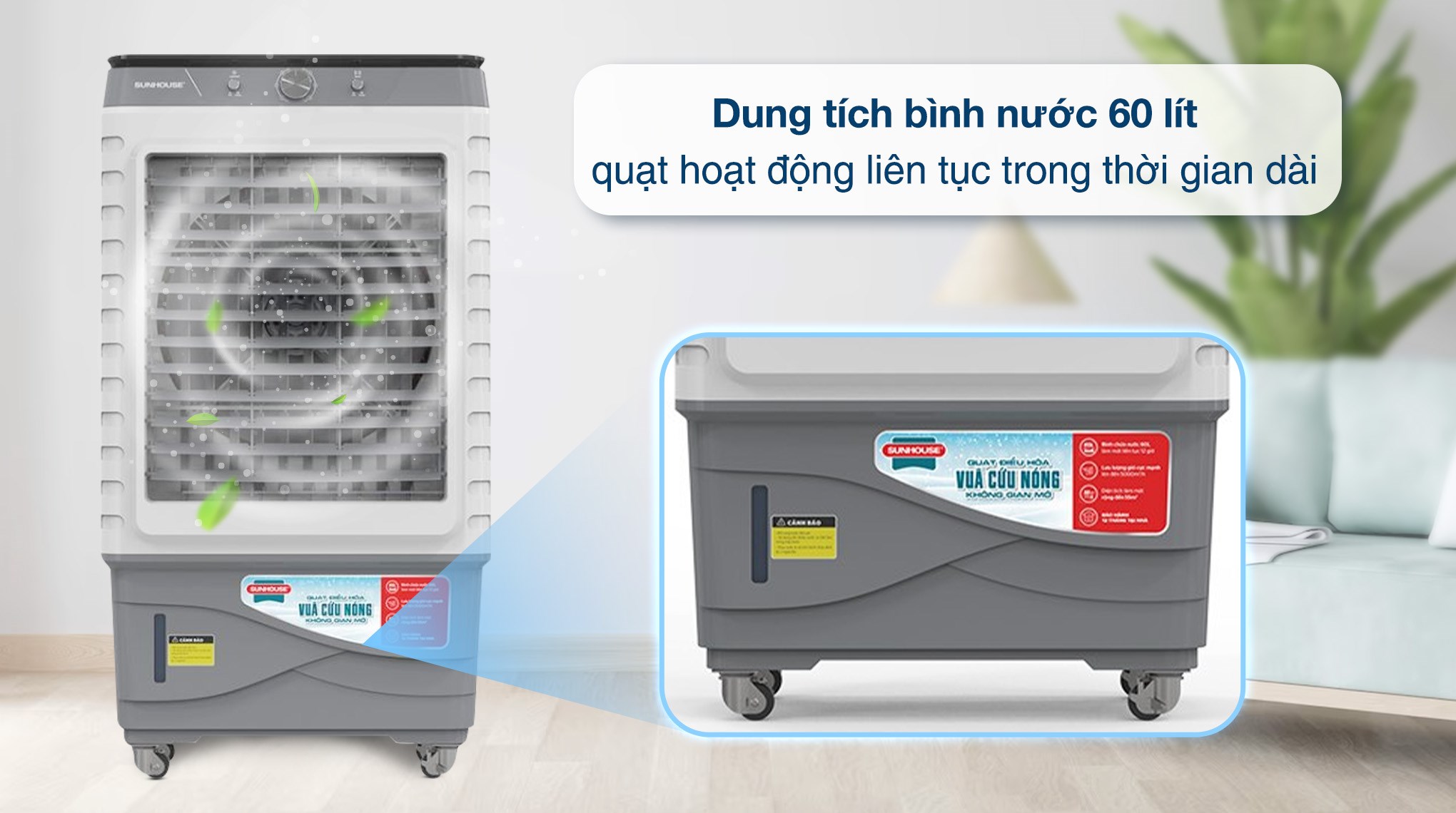 Quạt điều hòa Sunhouse SHD7798 190W có bình chứa nước 60 lít có thể dùng liên tục hơn 4 - 8 tiếng