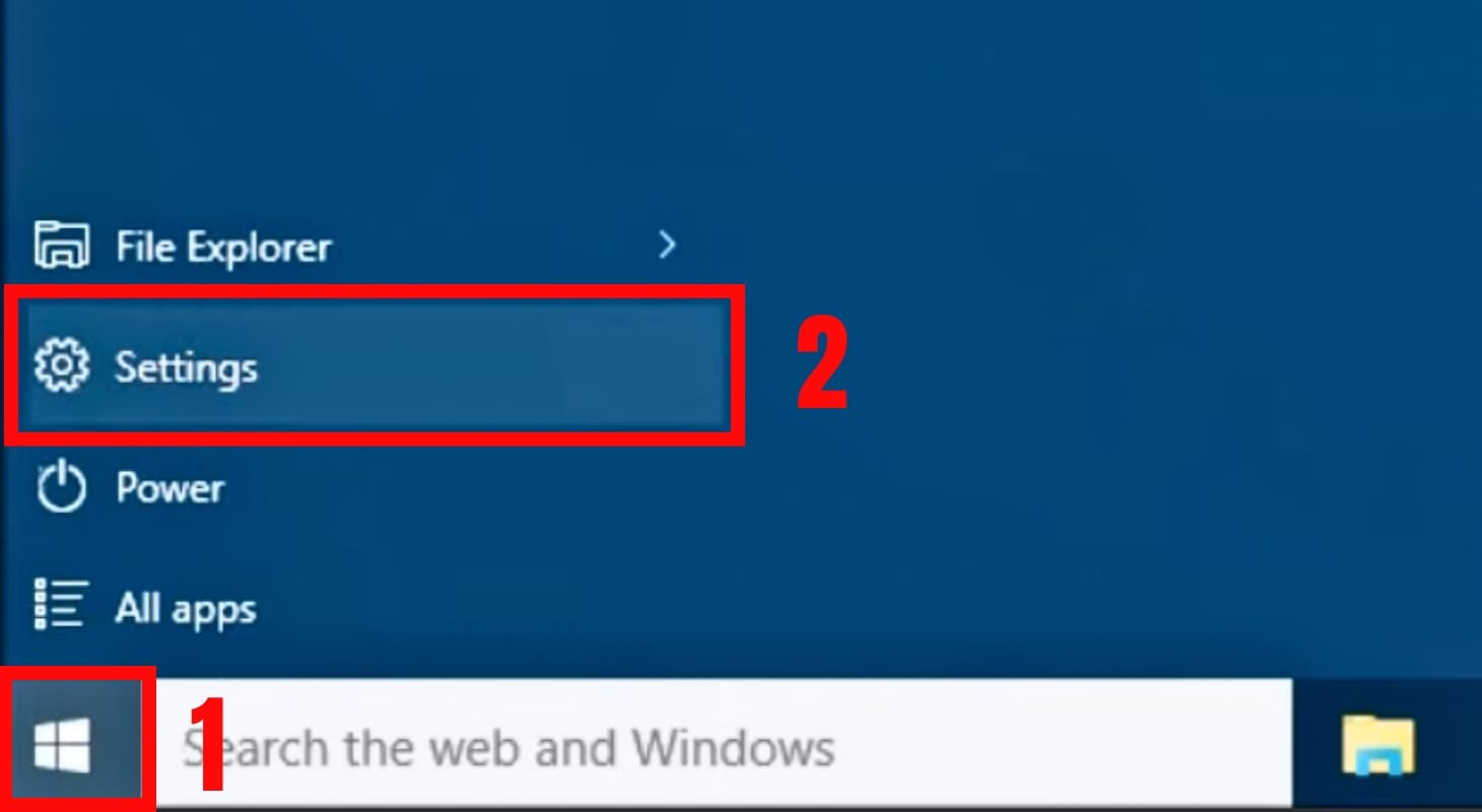 Vào menu Start, chọn Settings trê laptop Windows 10