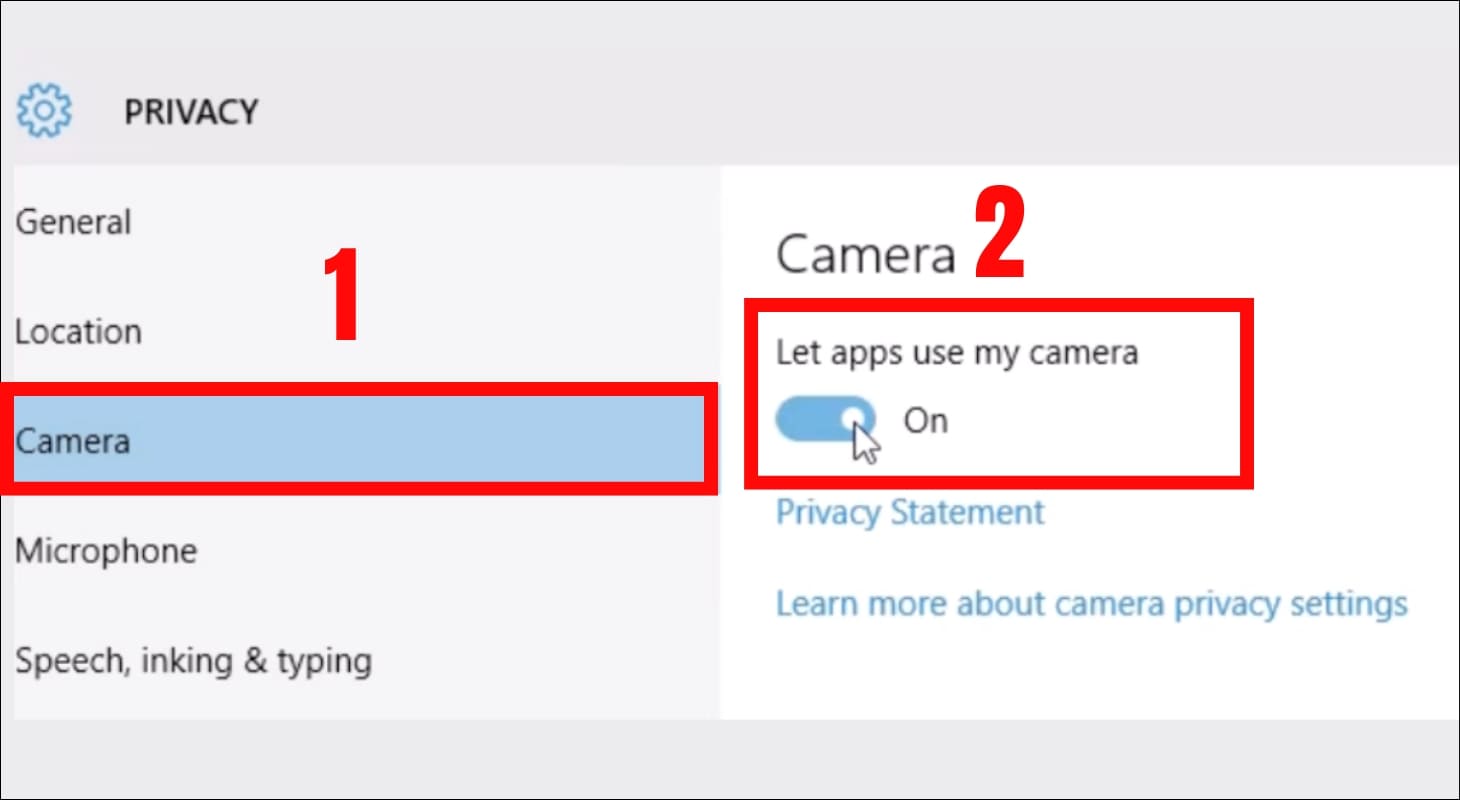 Tại mục Camera, chọn bật công tắc cho phép truy cập camera trên Windows 10