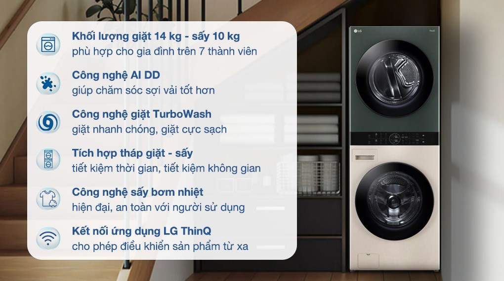 Tháp giặt sấy LG WashTower Inverter giặt 14 kg - sấy 10 kg WT1410NHEG là dòng sản phẩm cao cấp tích hợp máy giặt và máy sấy trong một thiết kế tháp gọn gàng, tinh tế