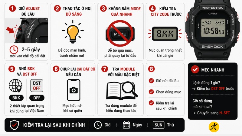 Lưu ý để chỉnh giờ G-Shock dễ hơn và tránh bấm sai Lưu ý để chỉnh giờ G-Shock dễ hơn và tránh bấm sai