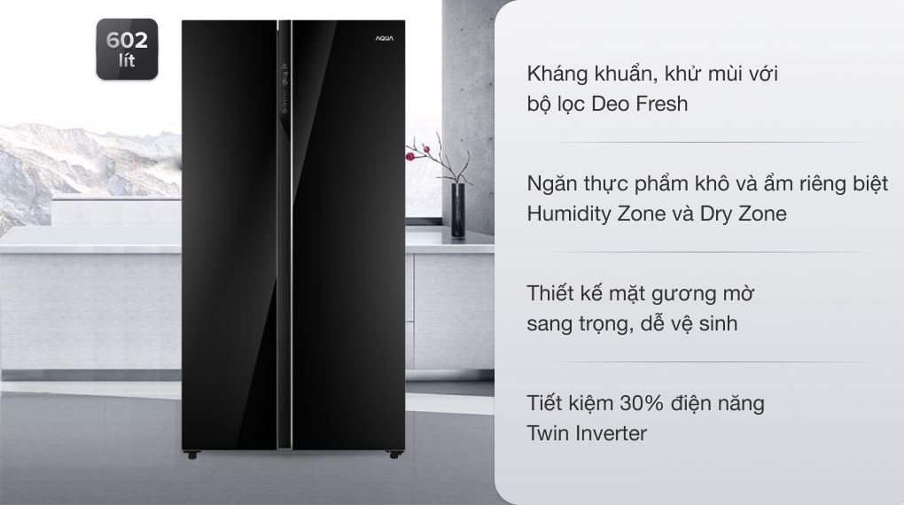 Tủ lạnh Aqua Inverter 602 lít AQR-IG696FS GB Side by side có mặt gương thời thượng, sang trọng