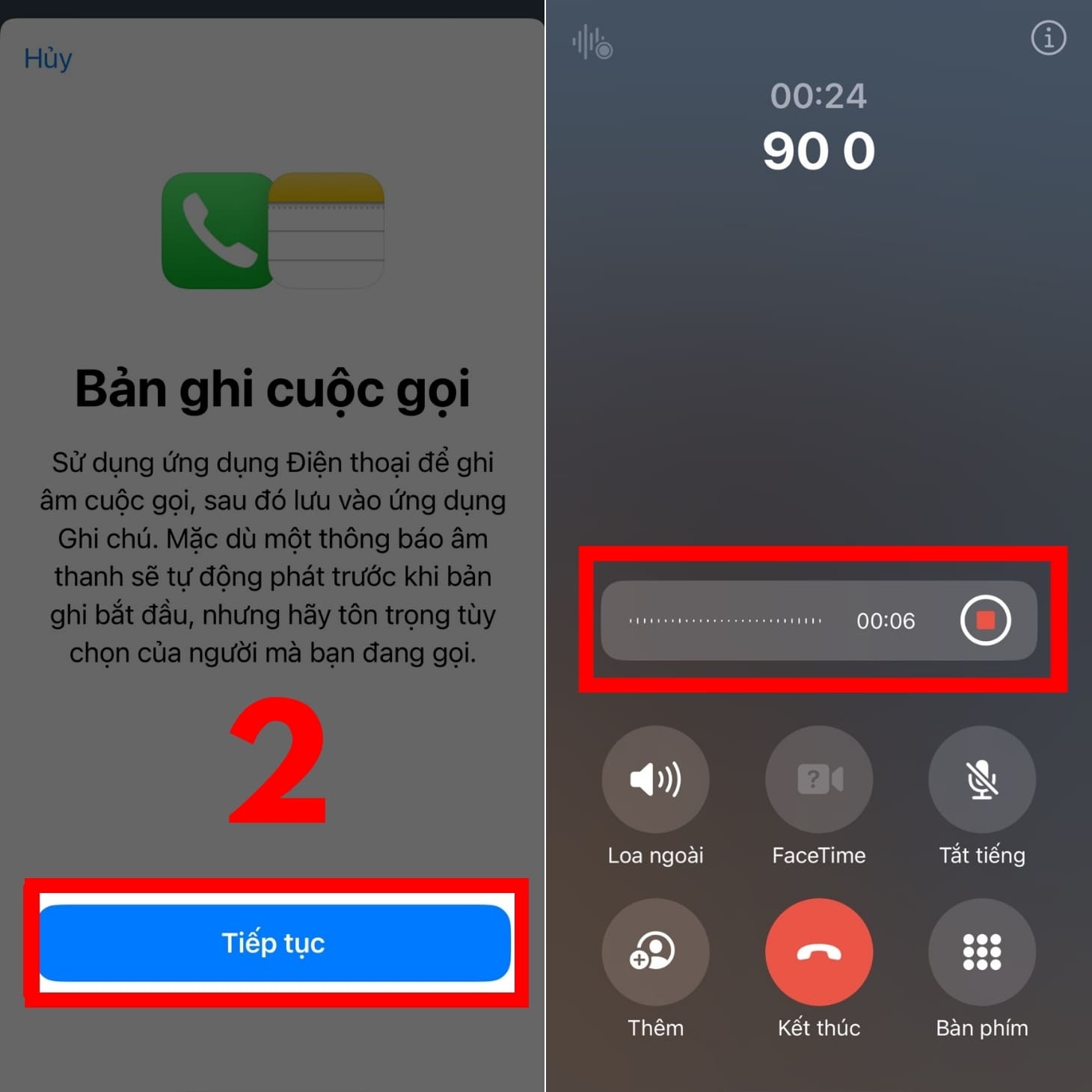Chọn Tiếp tục ghi âm để bản ghi lưu vào Notes Cách ghi âm cuộc gọi trên iPhone không cần app