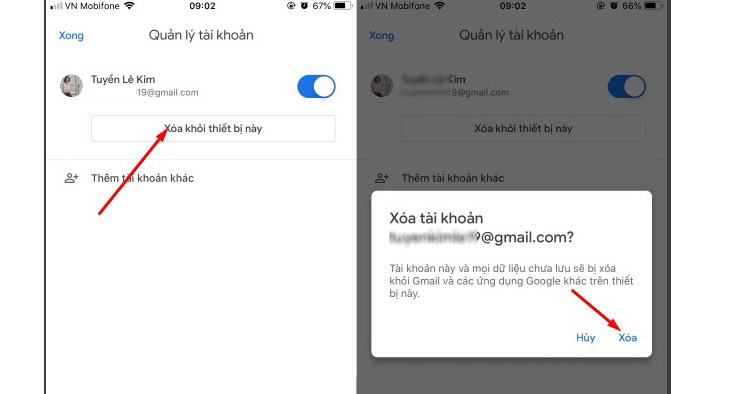 Nhấp xóa tài khoản