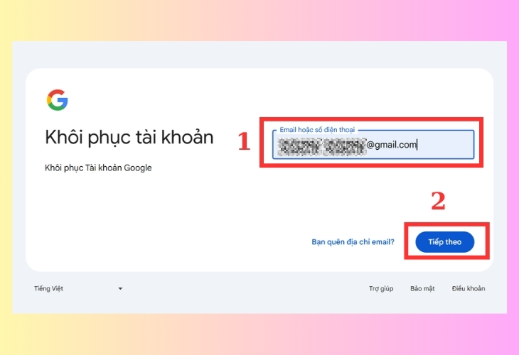 Nhập tài khoản Gmail mà bạn muốn đặt lại mật khẩu. Sau đó bấm 