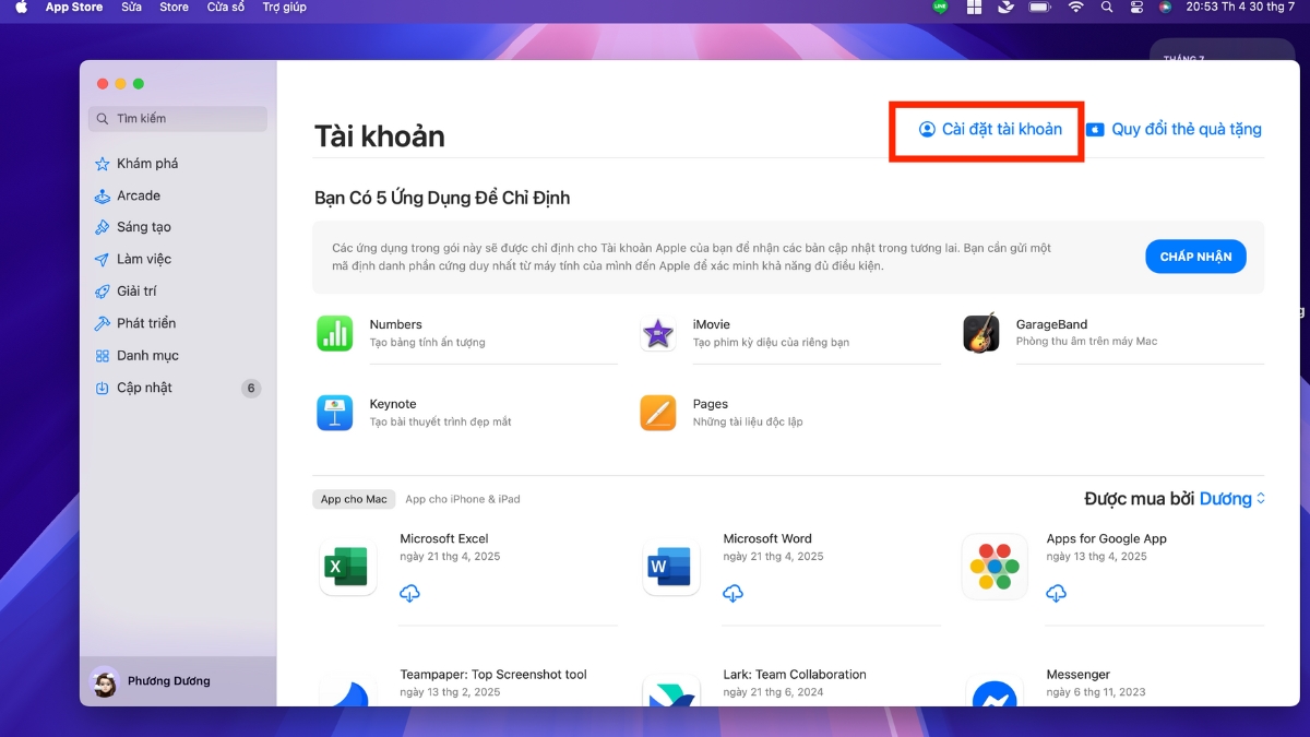 Nhấn C&agrave;i đặt t&agrave;i khoản