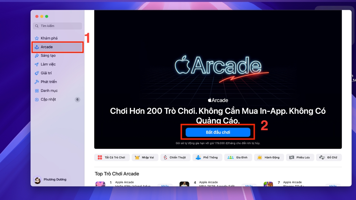 Chọn tab Arcade > Nhấn Bắt đầu chơi 