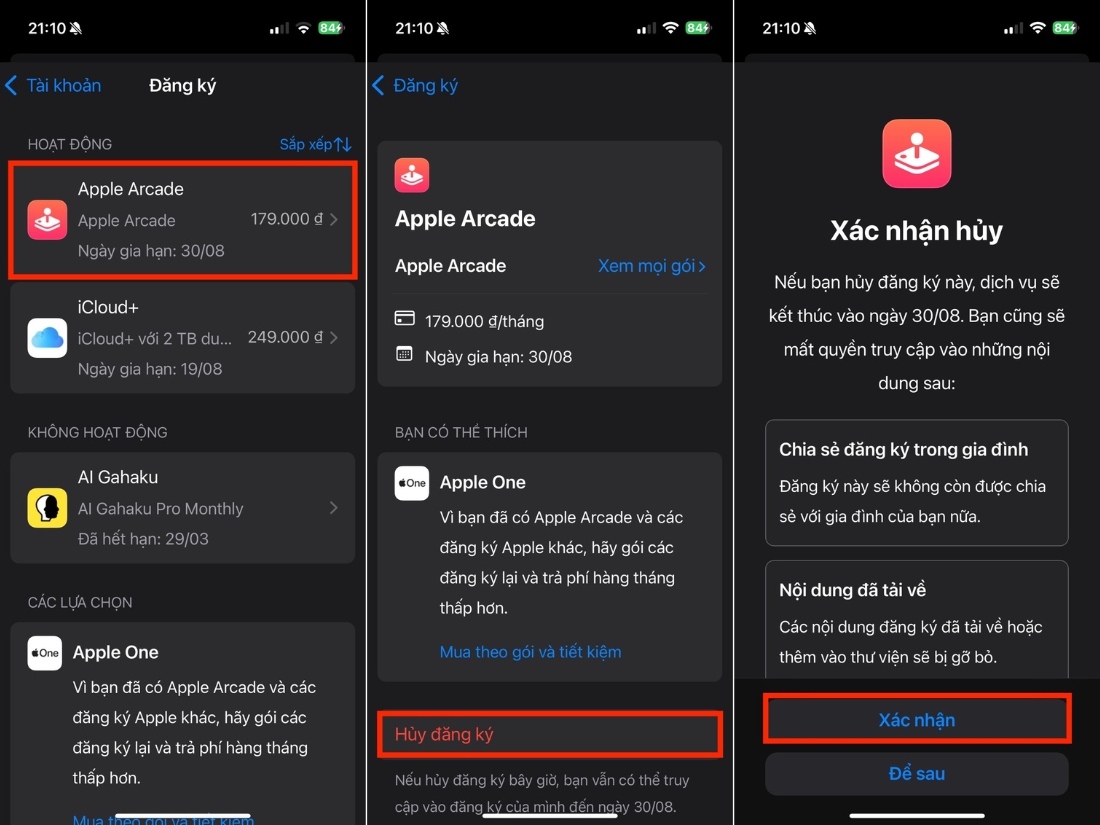 Chọn Apple Arcade > Huỷ đăng k&yacute; > X&aacute;c nhận