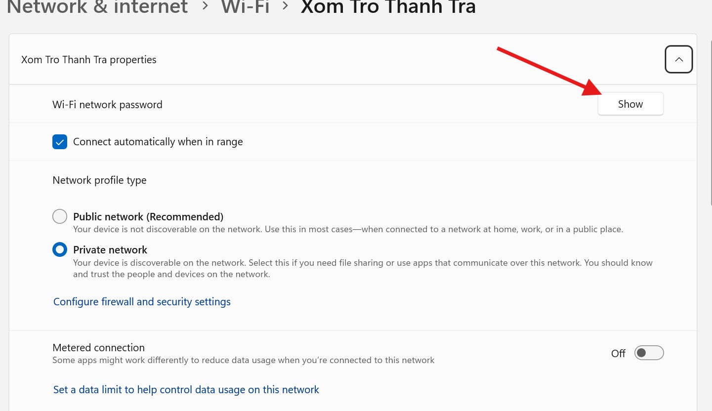 Chọn Show để xem password Chọn Show để xem password