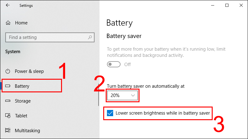 Bước 3: Chọn Battery > Chọn mức phần trăm pin bạn muốn tính năng tự bật ở Turn battery saver on automatically at > Chọn Lower screen brightness while in battery saver.