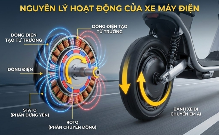 Sự tương tác giữa 2 từ trường của roto và stato tạo ra momen giúp bánh xe di chuyển dễ dàng