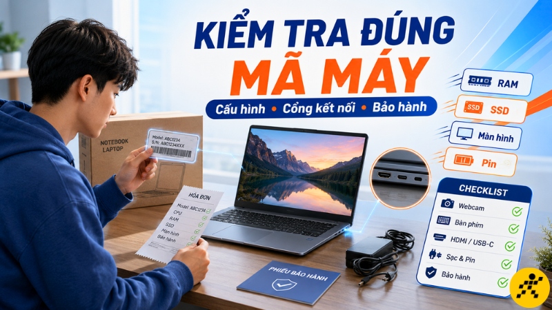 Kiểm tra đ&uacute;ng m&atilde; m&aacute;y, cấu h&igrave;nh, pin, cổng kết nối v&agrave; bảo h&agrave;nh trước khi mua m&aacute;y
