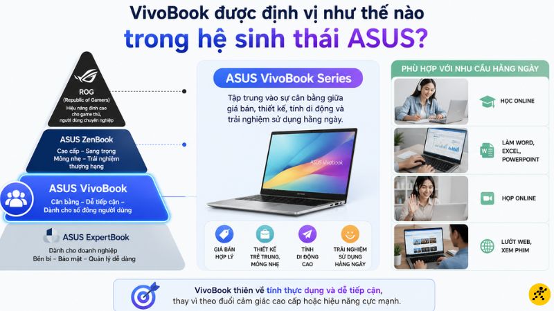 VivoBook Series tập trung vào giá bán, thiết kế, tính di động VivoBook Series tập trung vào sự cân bằng giữa giá bán, thiết kế, tính di động và trải nghiệm sử dụng hằng ngày