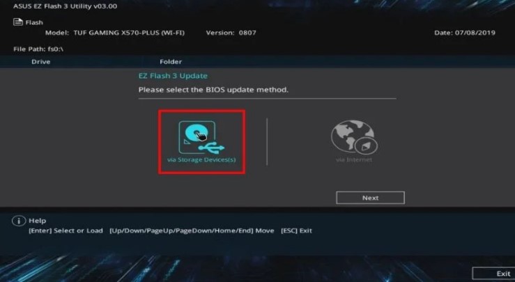 Chức năng cập nhật BIOS đã có sẵn, nếu file update đã tải về trên USB, bạn nhấn vào via Storage Device(s).