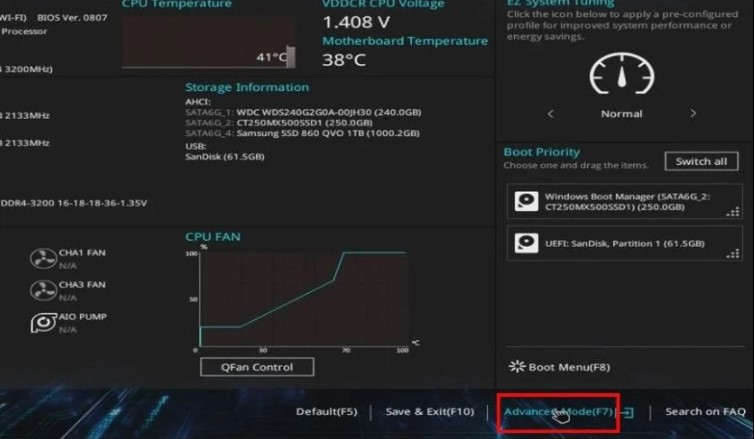 Mở BIOS như hướng dẫn phía trên để mở menu UEFI. Tại giao diện này, bạn nhấn vào Advanced Mode.