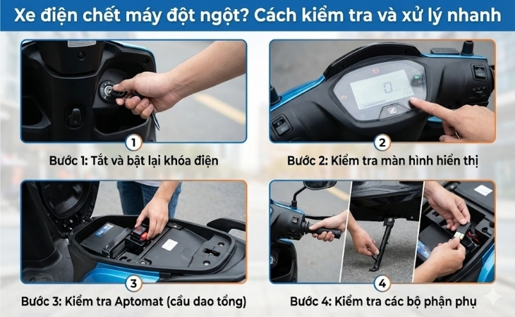 Các bước kiểm tra nhanh khi xe điện tắt máy đột ngột Hình minh họa các bước kiểm tra nhanh khi xe điện tắt máy đột ngột