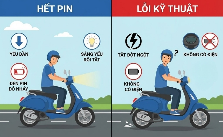 Xe tắt máy do hết pin và do lỗi kỹ thuật có sự khác biệt Hình minh họa phân biệt xe tắt máy do hết pin và do lỗi kỹ thuật