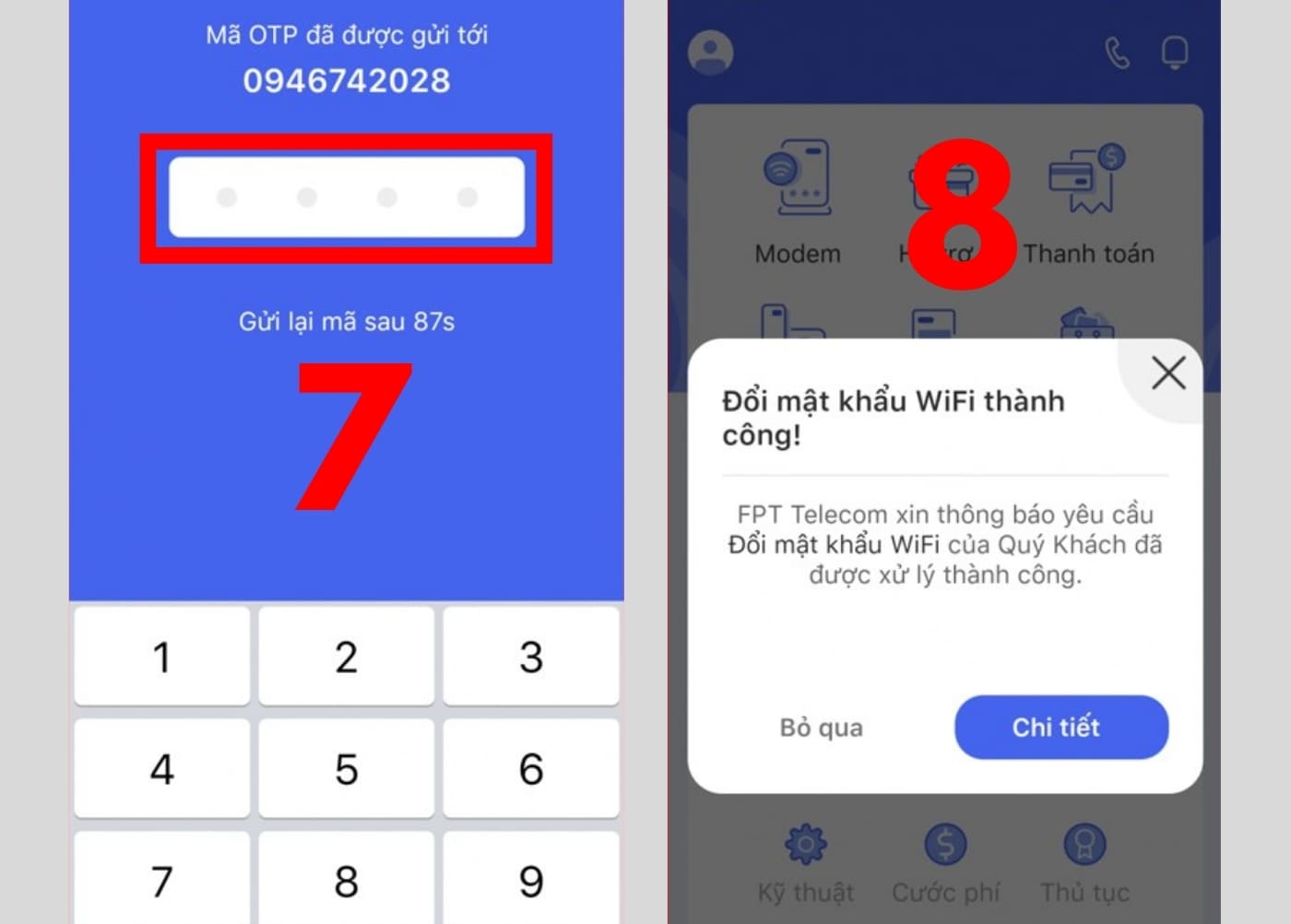 Nhập mã OTP xác thực đổi pass WiFi mạng FPT Nhập mã OTP xác thực đổi pass WiFi mạng FPT
