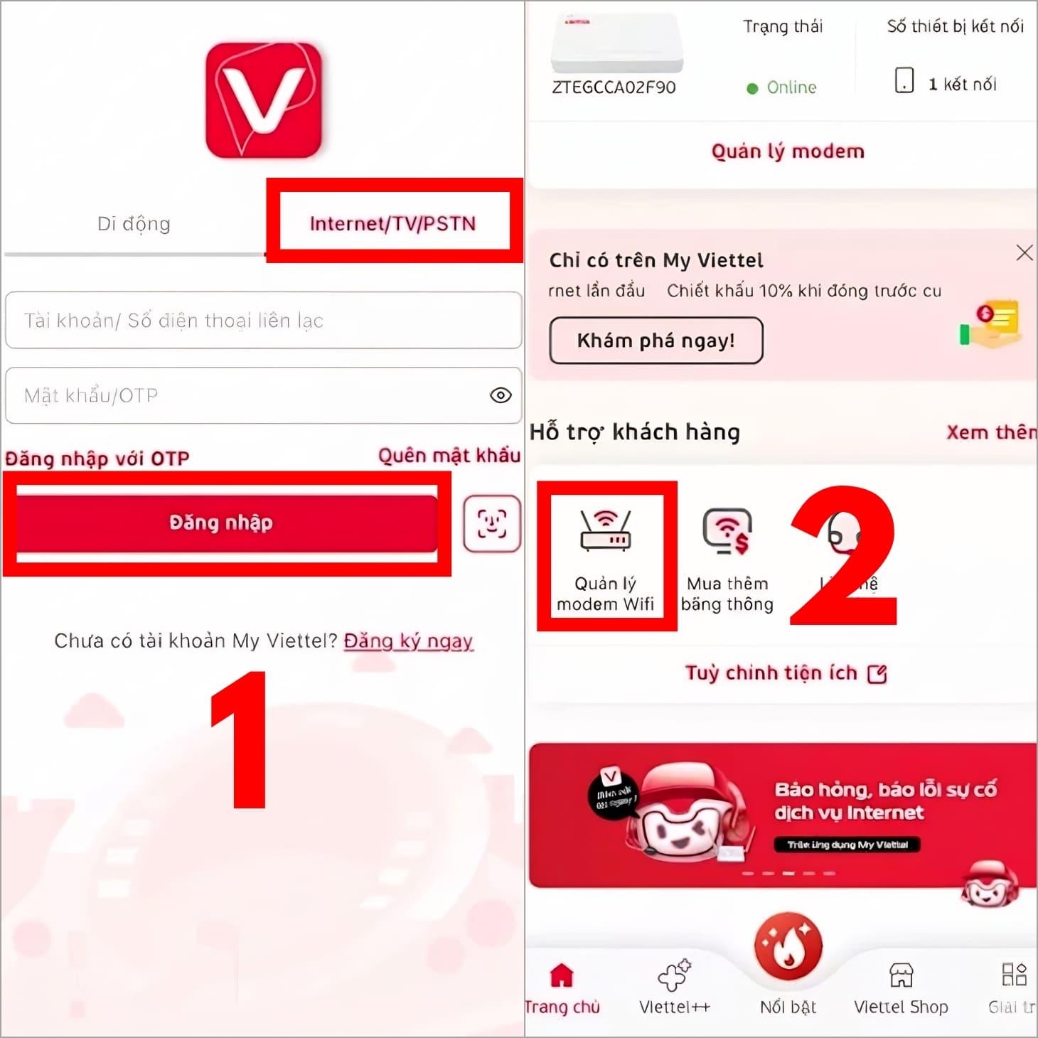 Đăng nhập vào My Viettel và chọn quản lý Modem WiFi Đăng nhập vào My Viettel và chọn quản lý Modem WiFi