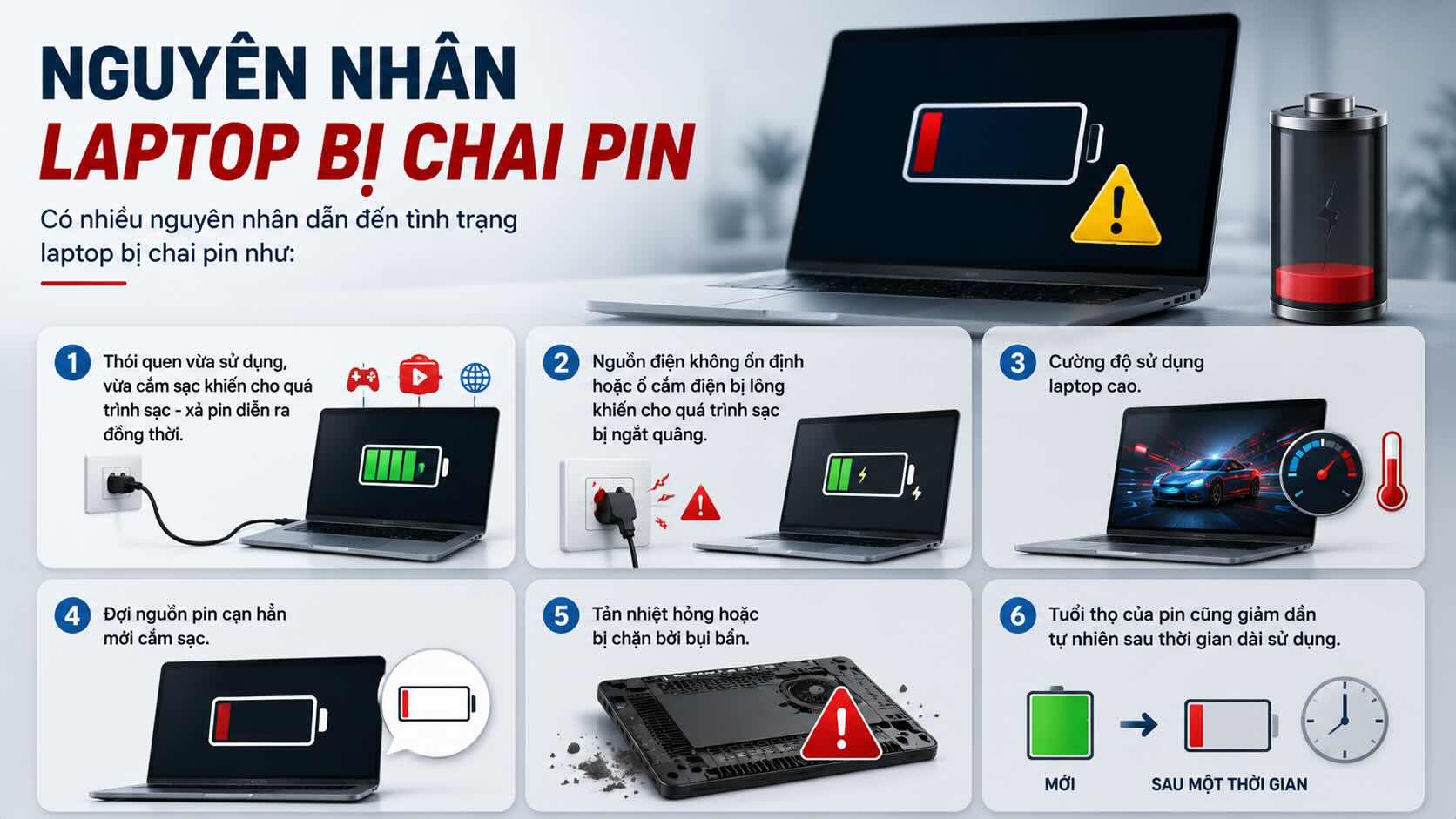 Nguyên nhân dẫn đến chai pin laptop cần kiểm tra