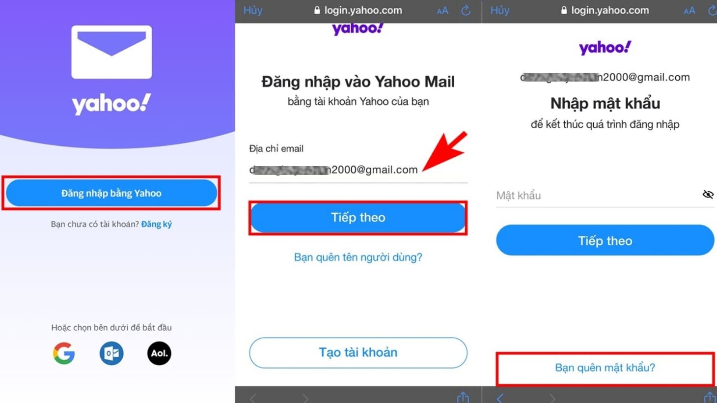 lấy lại tài khoản Yahoo trên điện thoại